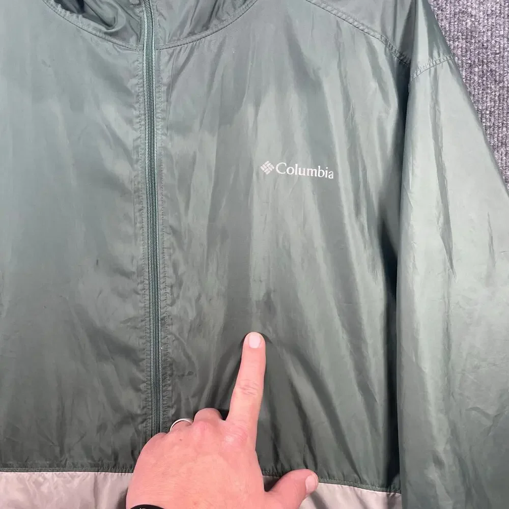 Columbia Windbreaker Jacket Men's XL Green/Beige Full Zip Hooded Light READ